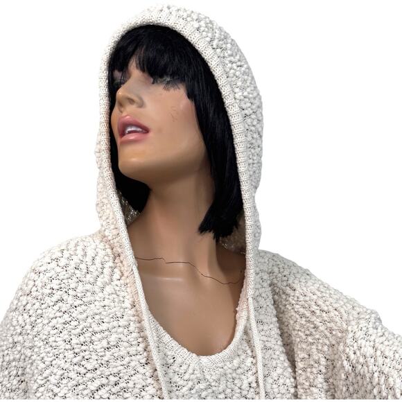 Hooded Popcorn Chenille Pullover Sweater Drawstring Women S/M Ivory Cozy Slouchy - Picture 4 of 9